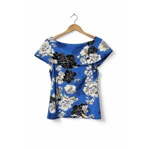 Jennifer Lopez Off Shoulder Floral Blouse Blue Stretch Top Women Size L